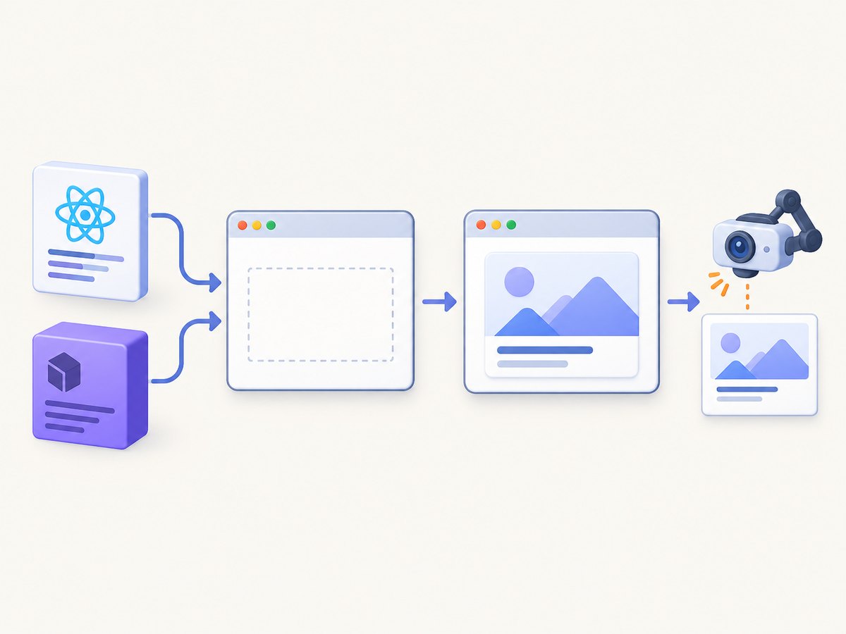 Puppeteer opens the page; the browser executes the React bundle, mounts the component, and captures the rendered result.