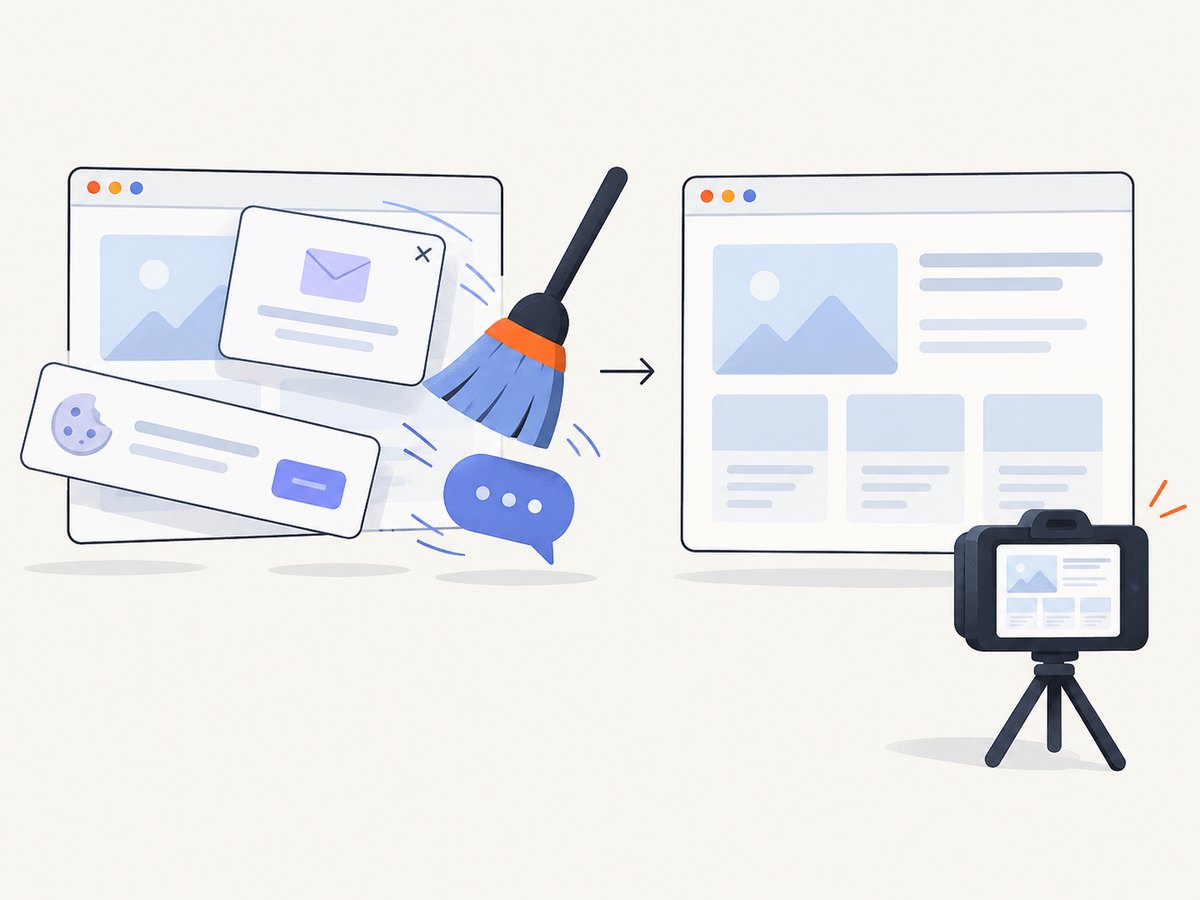 A hosted capture can clear common consent banners, newsletter popups, and chat widgets before taking the screenshot.