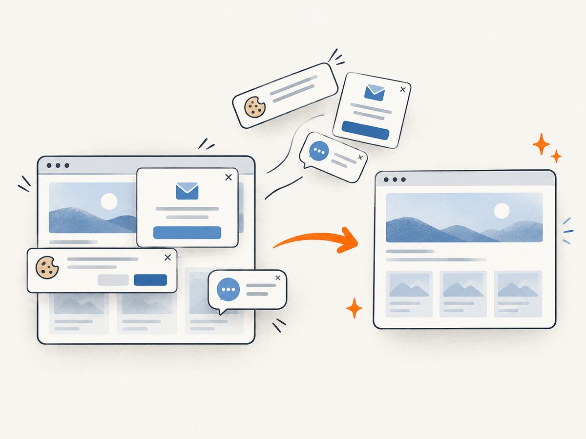 Automated capture can remove common consent and overlay elements before rendering.