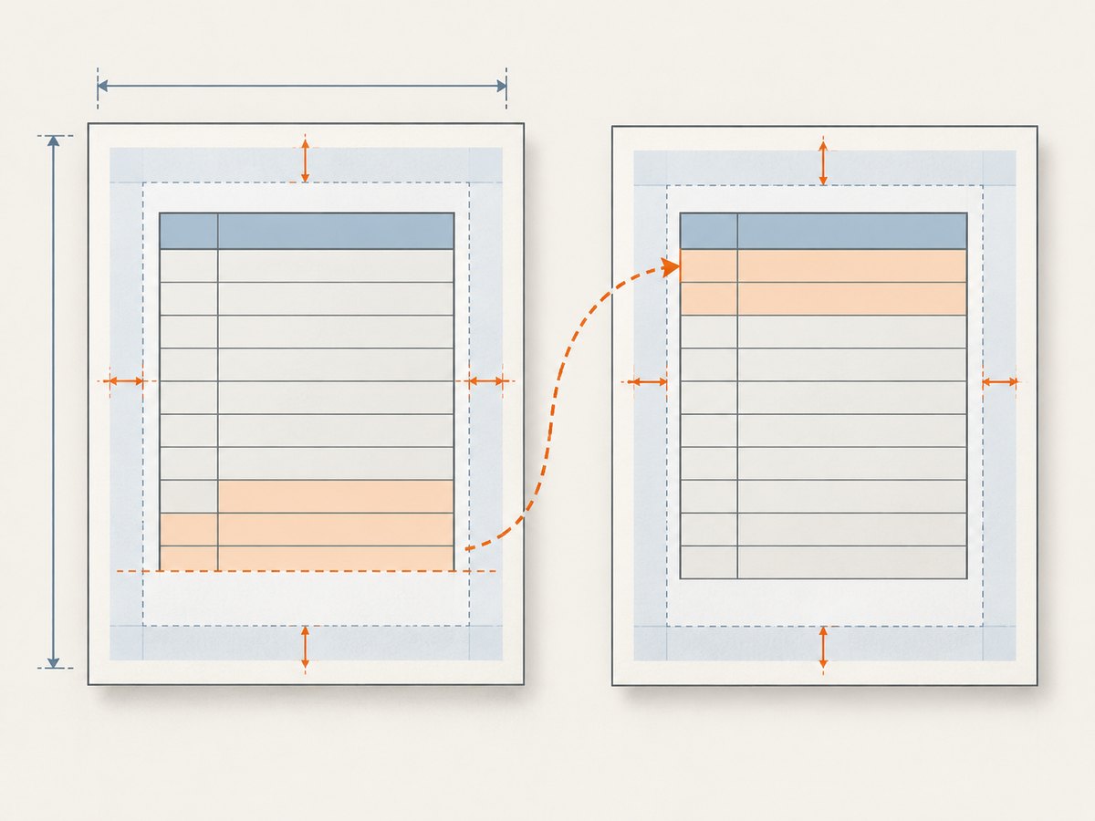 Paper size and margins change how much room remains for each repeated header and its data rows.