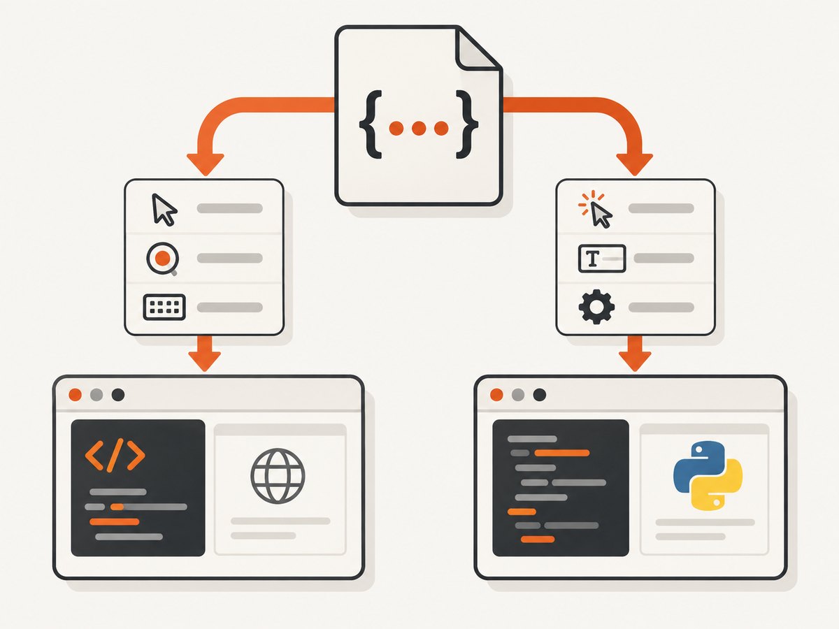Recorder JSON can be replayed through Puppeteer Replay or used as the reference for a Python translation.