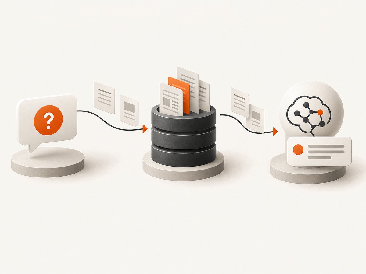RAG connects a question, retrieved evidence, and generation in sequence.