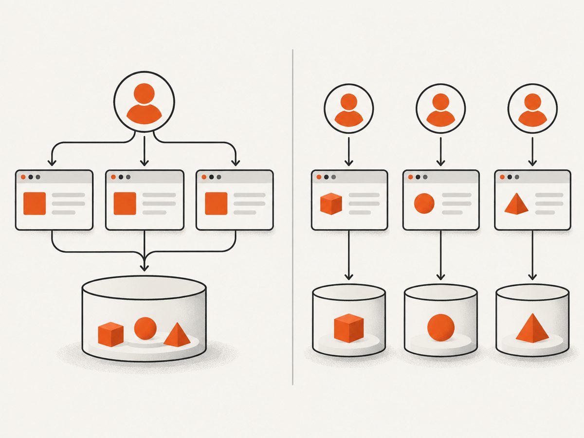 Choose shared state for independent tests and per-worker state when tests mutate shared server data.