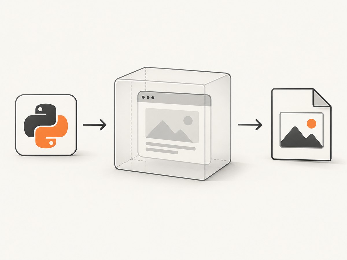 Selenium sends commands to a headless Chrome session, which renders the page and writes an image.