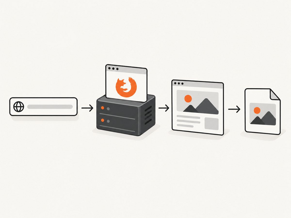 A headless capture flows from a URL to Firefox rendering and finally to an image file.