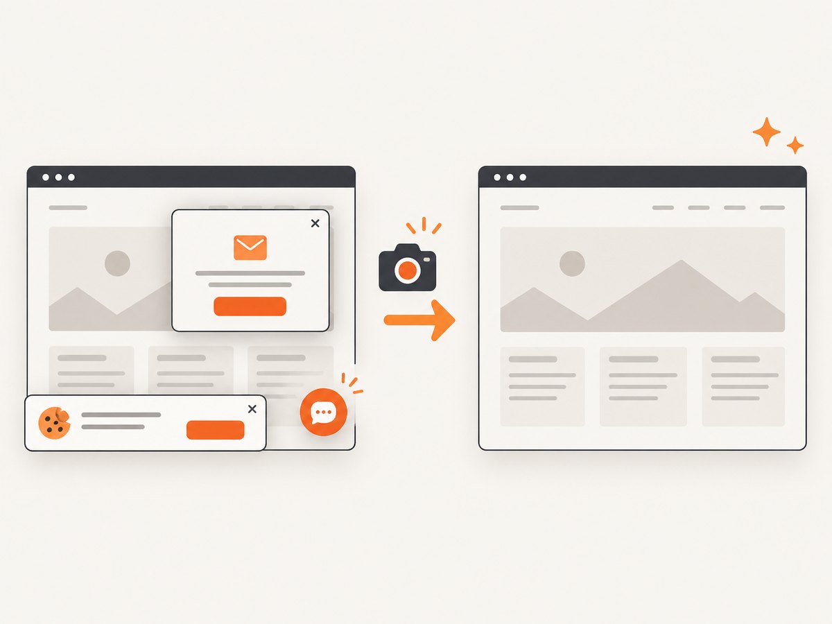 A clean capture removes common overlays before producing the final image.