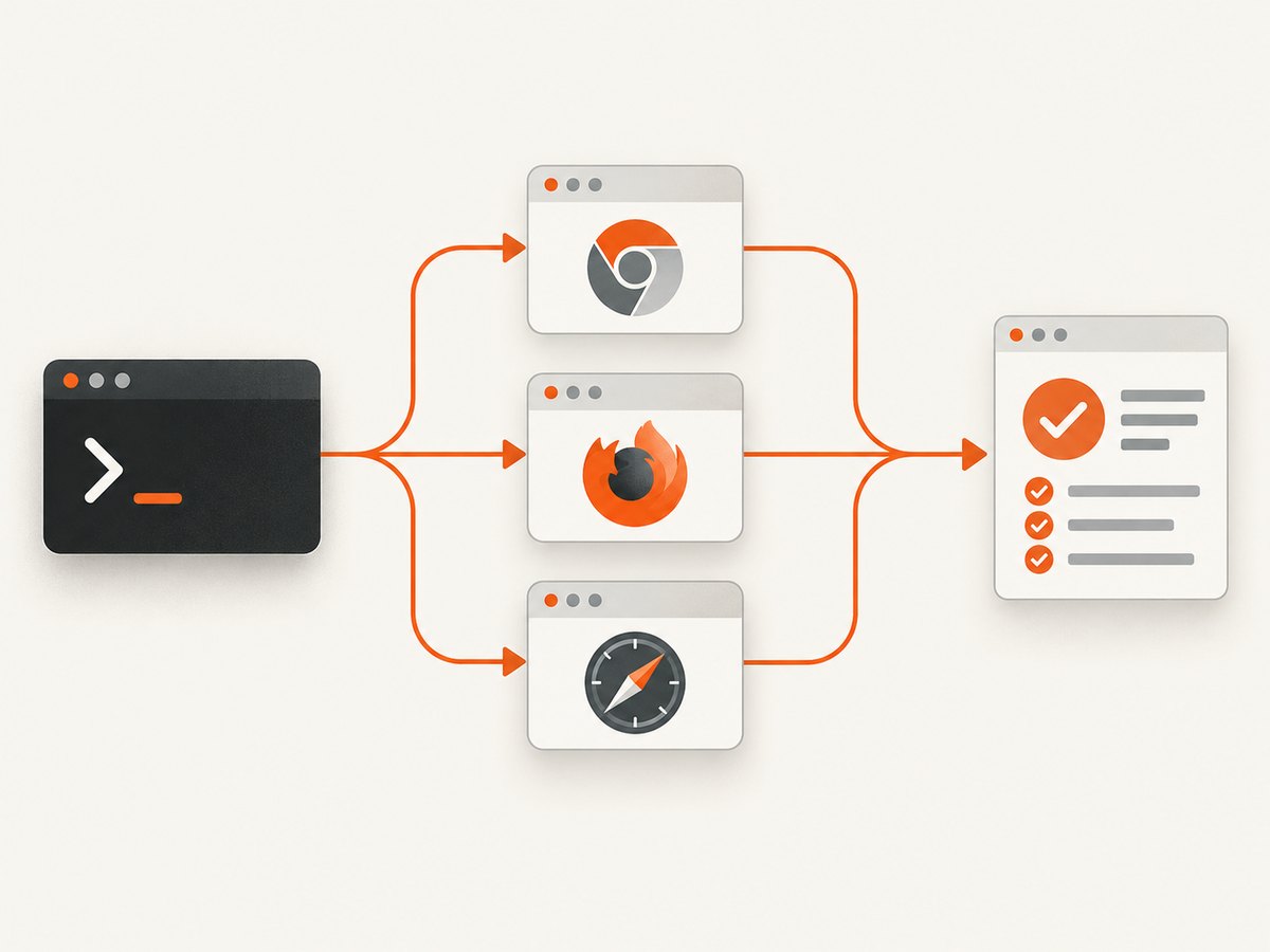 A Playwright command can target one file, one browser project, or the complete configured matrix.