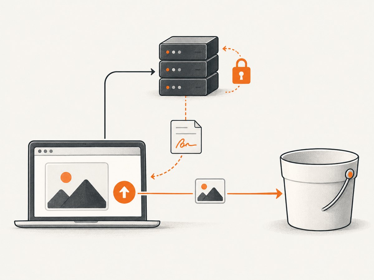A server issues a temporary upload URL so the browser can send the image without receiving storage credentials.