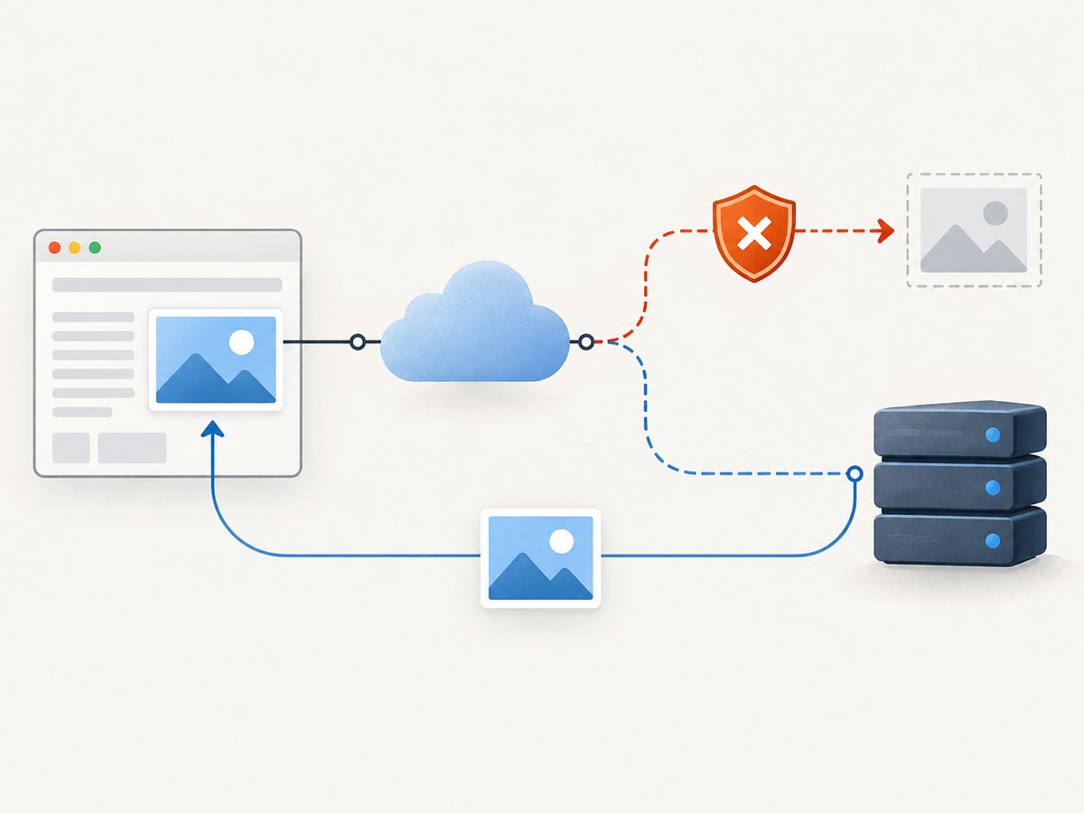 Inspect the image element and request path to distinguish a site bug from a blocked or failed resource.