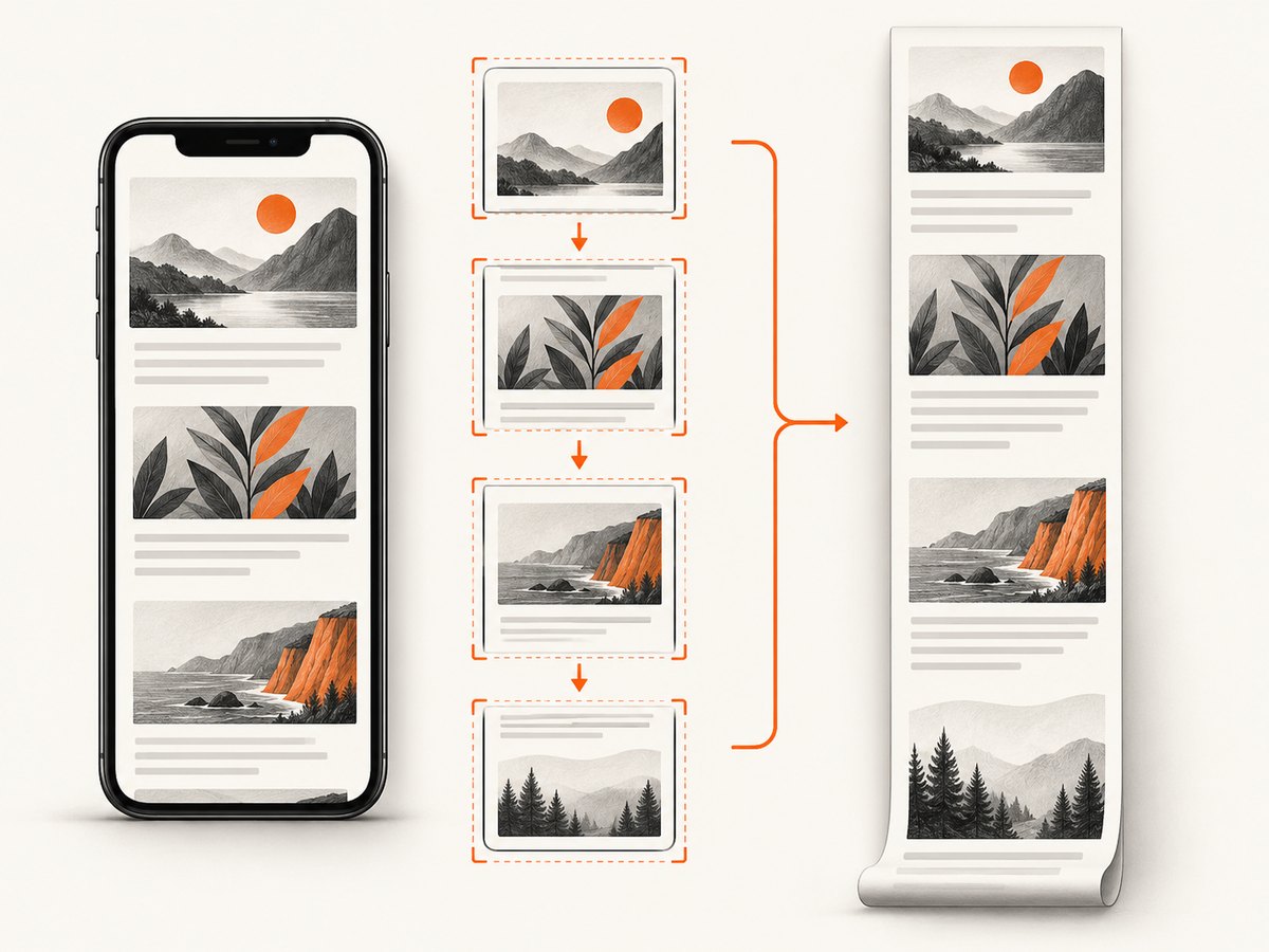 Scroll capture combines multiple screen lengths into one tall screenshot.