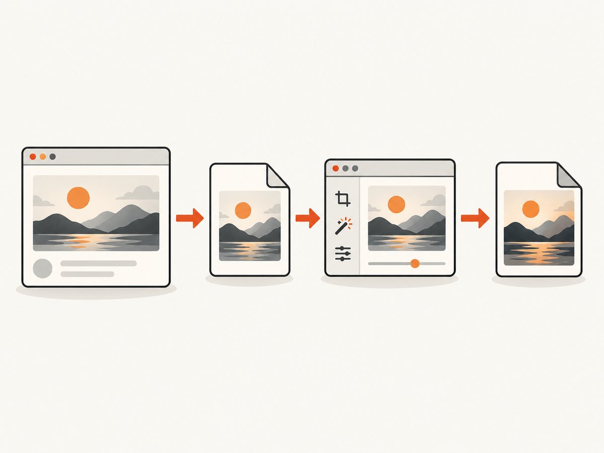 Saving downloads the delivered file; exporting creates a new JPEG encoding.