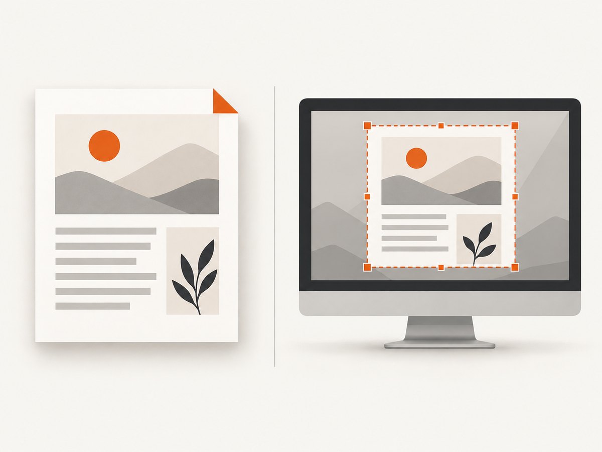 A page export renders the document page; a screenshot records the pixels visible on the display.