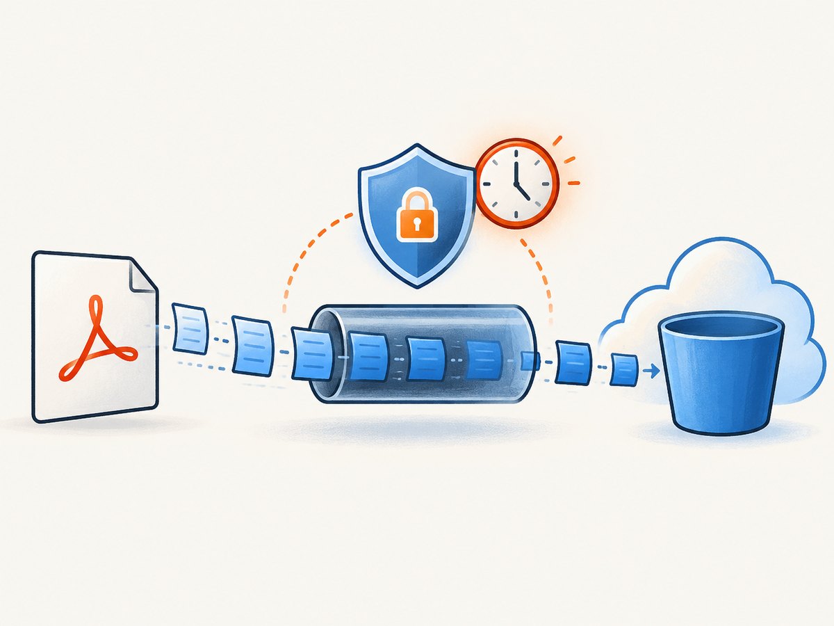 Streaming keeps memory use predictable while the expiring URL limits authorization.