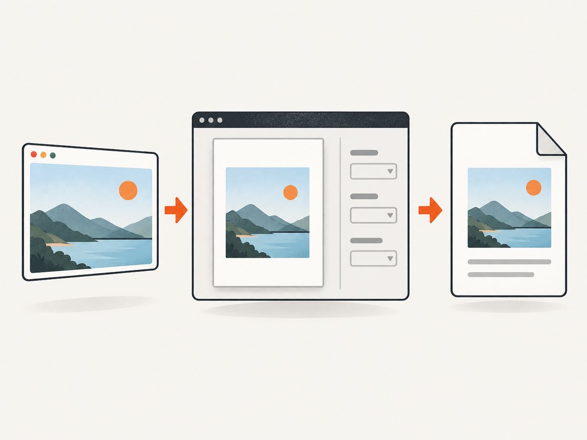 A screenshot image becomes a PDF through an export or print step; preview controls determine how it fits on the page.