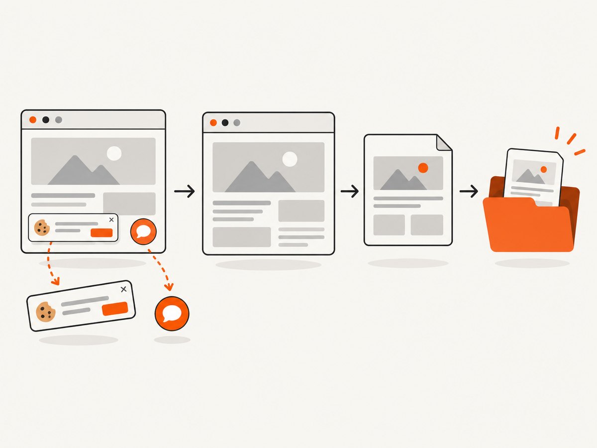 Automated web capture can clean page elements before saving the result.