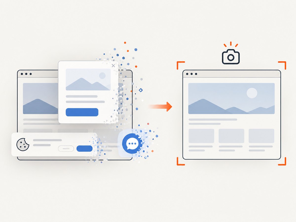 Consent banners and overlays must be handled before a clean Selenium capture.