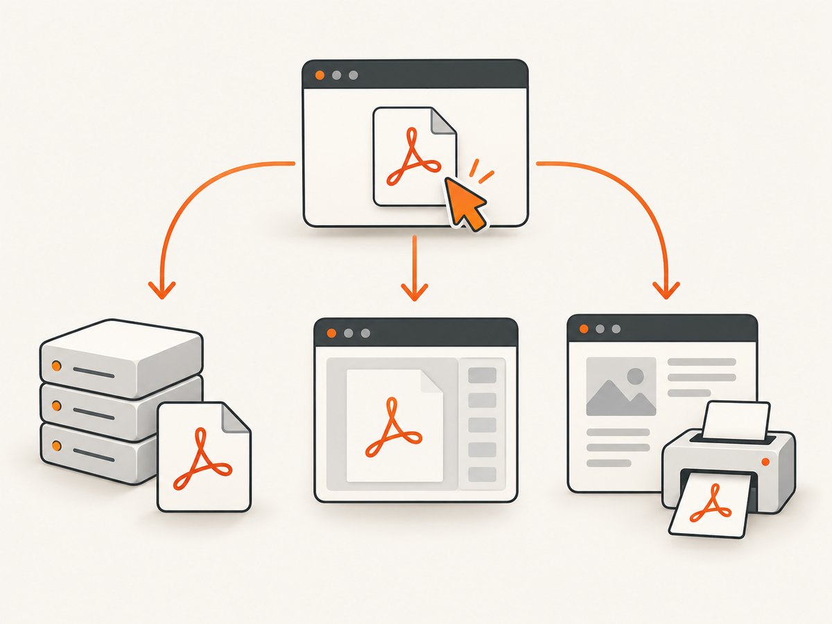 A download, an inline PDF response, and a page print are separate workflows.