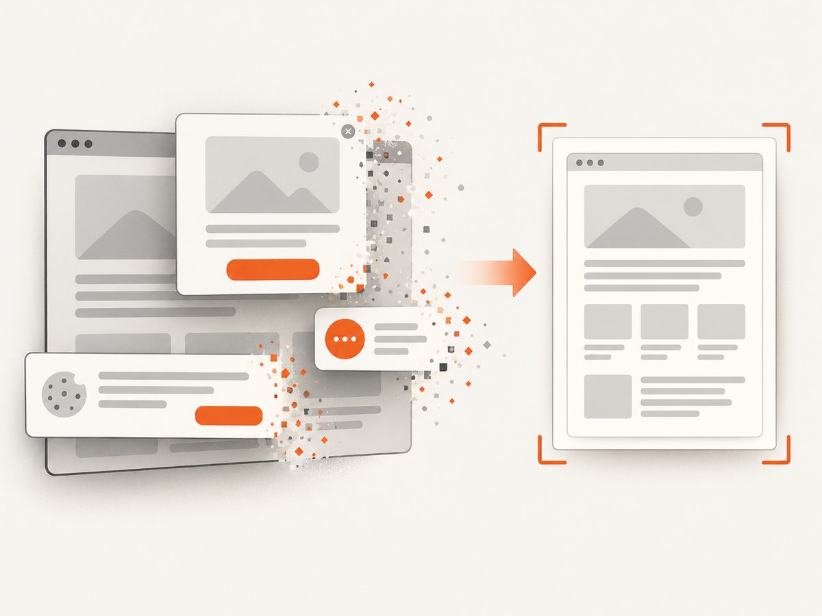 Cleaning overlays before capture keeps the saved page focused on its content.
