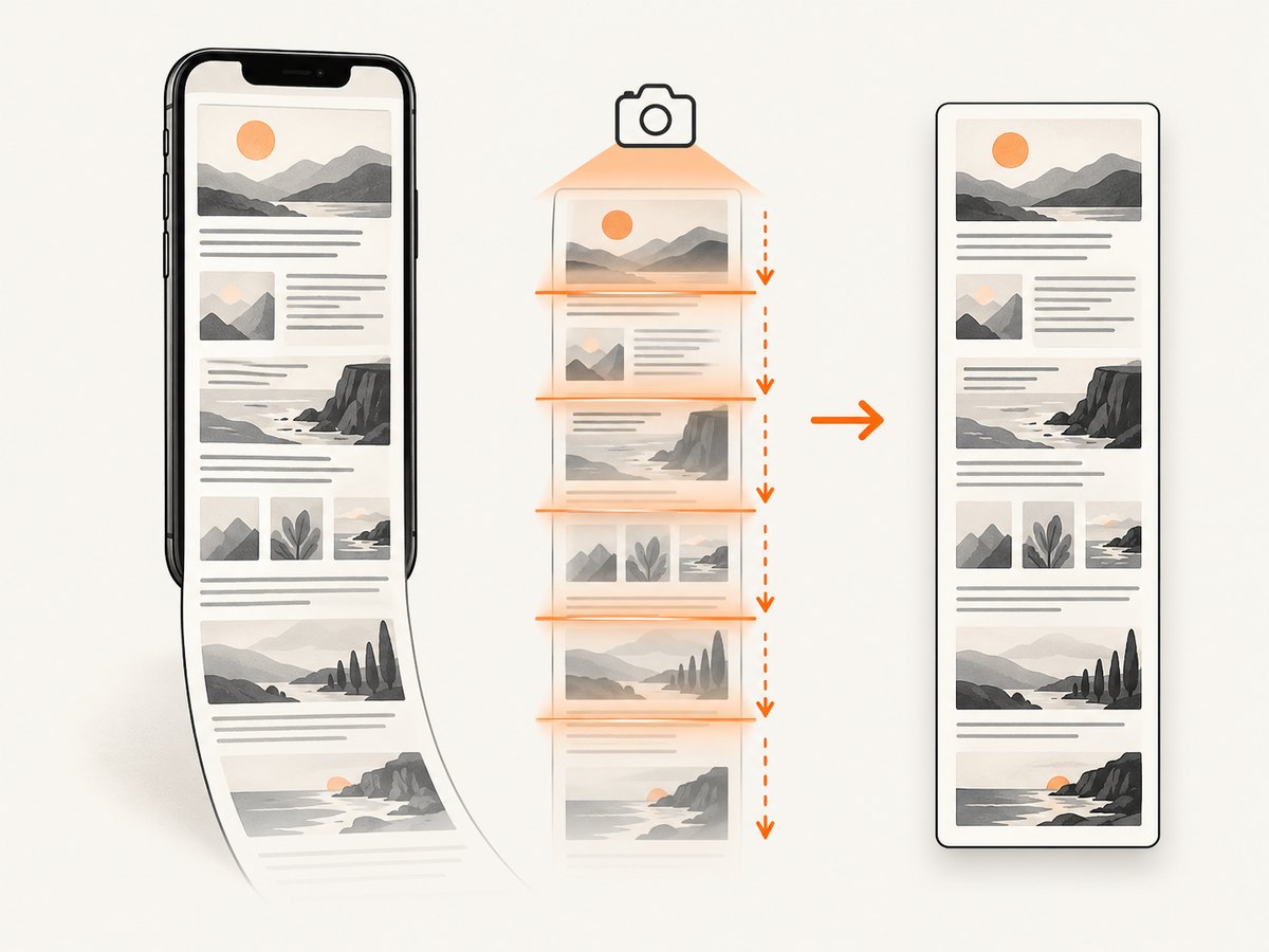 Safari’s Full Page mode captures content below the visible iPhone screen and saves it as one image.