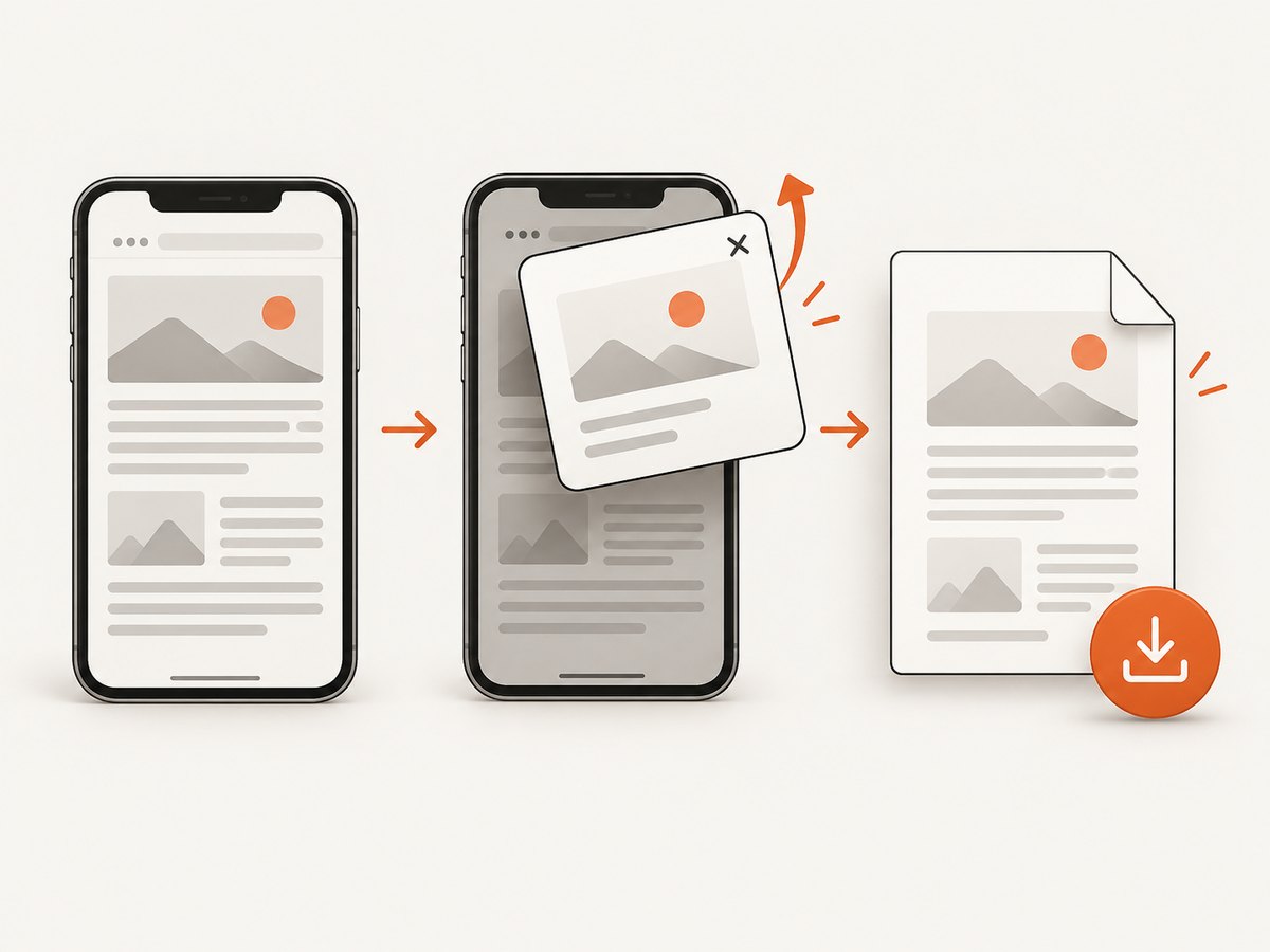 The mobile workflow: load the page, prepare its visible state, and save the result as a PDF.