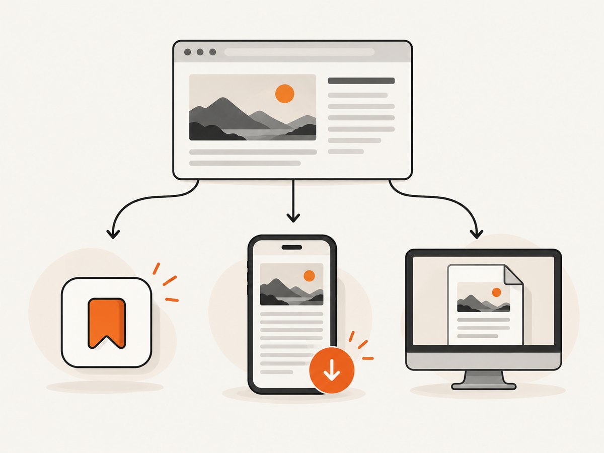 A bookmark, an offline download, and a saved page file serve different purposes.