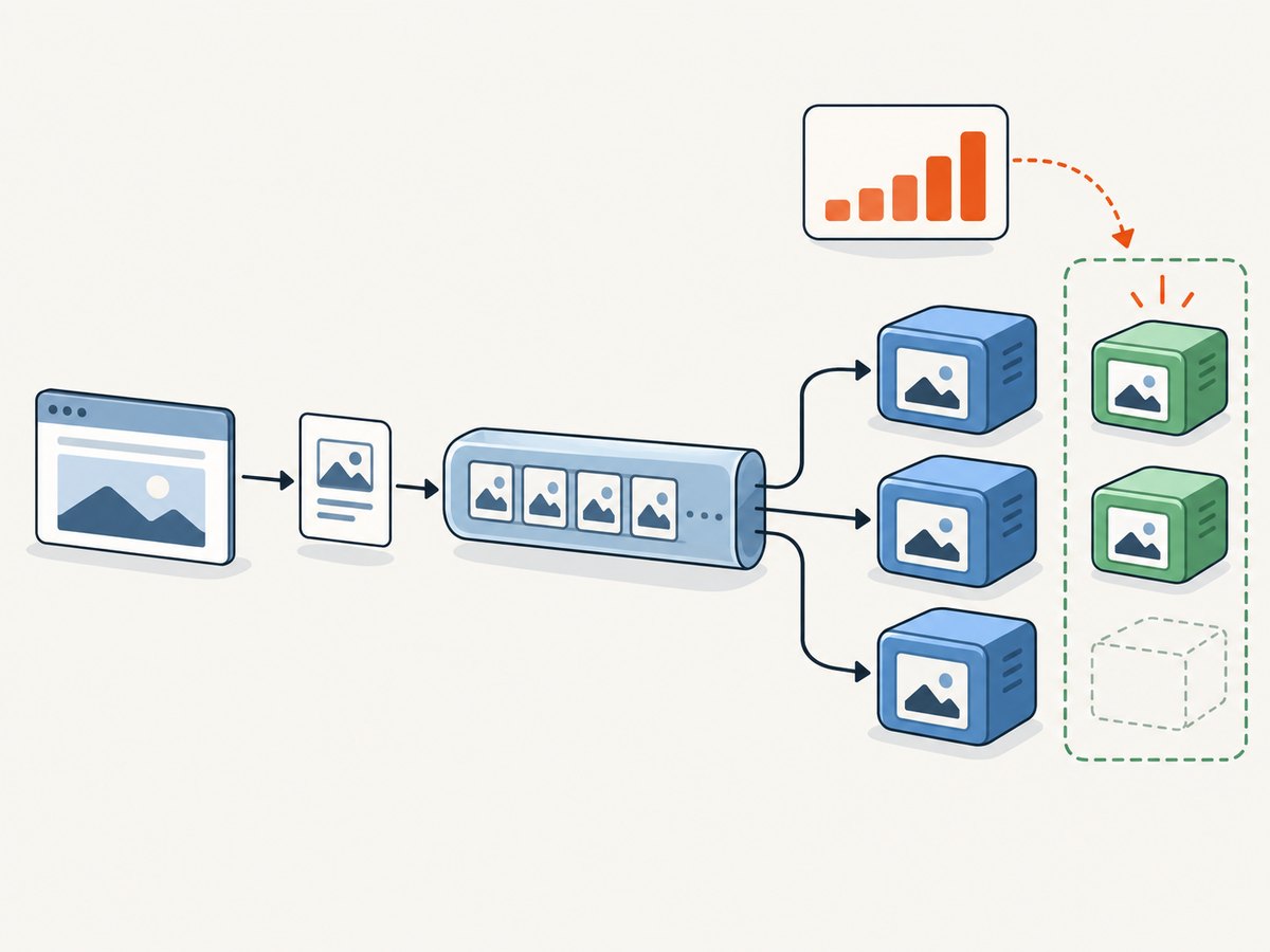 A queue metric can expose pending screenshot demand when CPU alone does not track it.