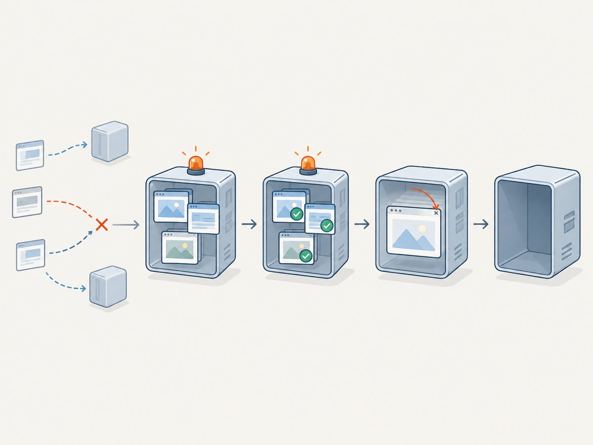 Graceful termination stops new work, completes or cancels active jobs, then closes the browser.