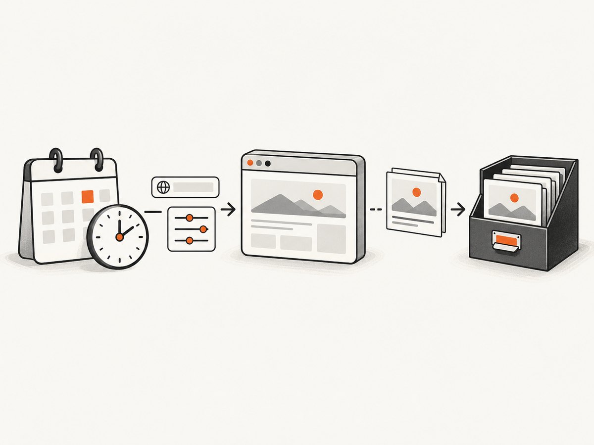 A repeatable schedule sends the same target and capture settings to a remote browser, then archives each result.