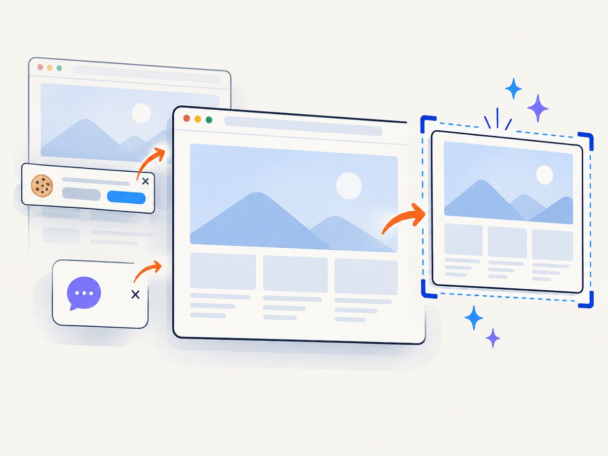 A rendered page can be cleaned before capture so overlays do not obscure the content.