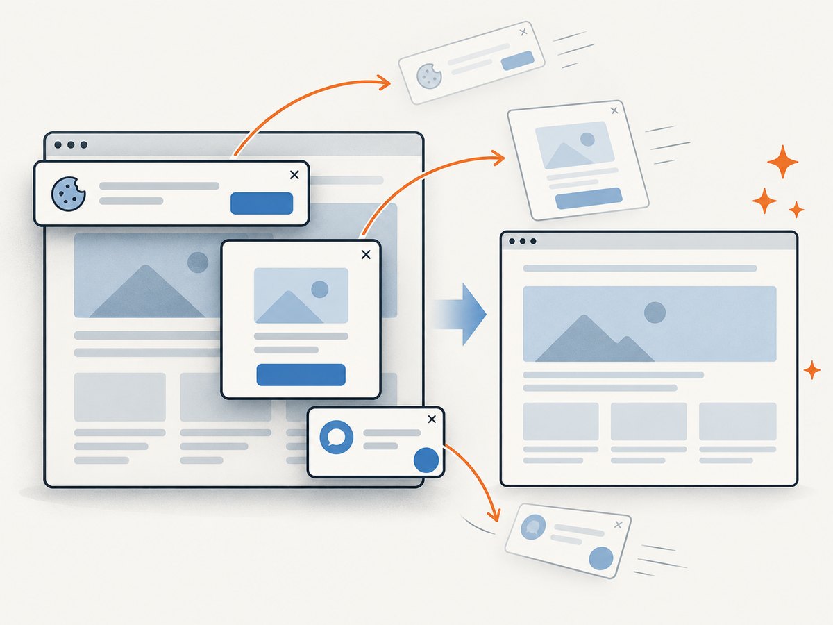 A screenshot service can remove common overlays before capturing a page.