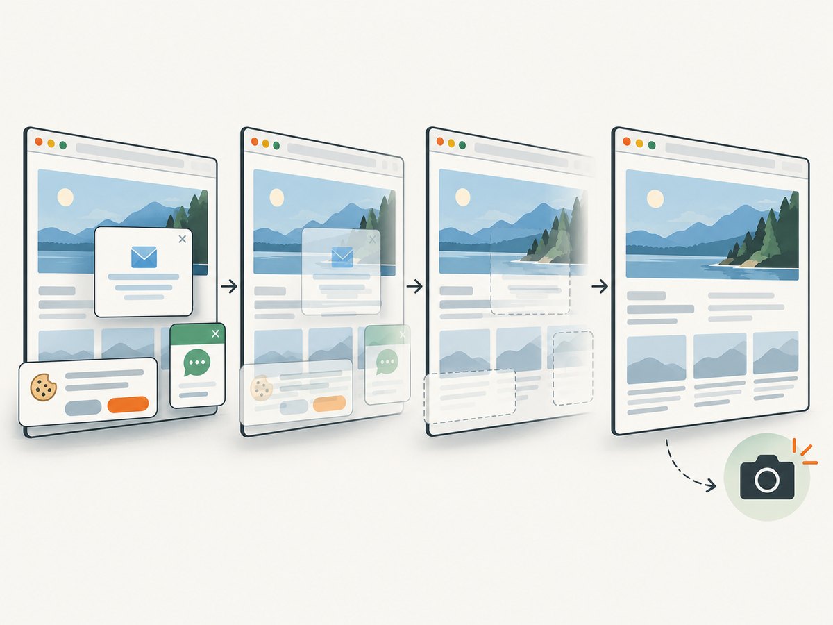 A screenshot workflow can remove common overlays before returning the captured page.