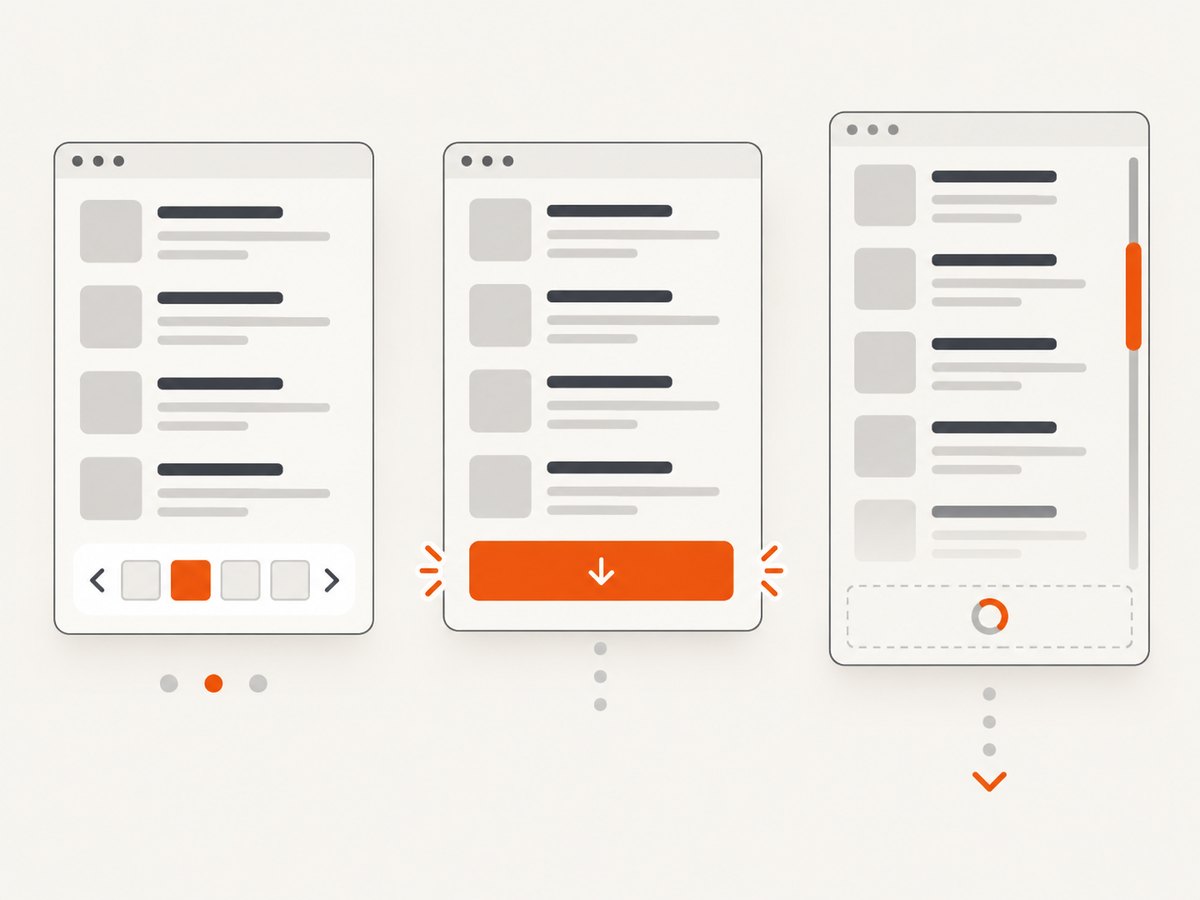 Numbered pagination, Load more, and infinite scroll expose different stopping signals.