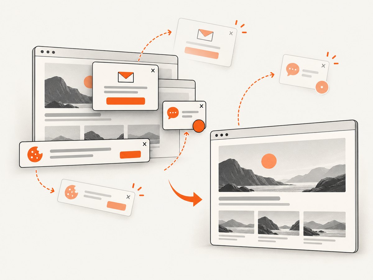 Rendered capture can preserve the page while removing common consent and overlay clutter before the shot.