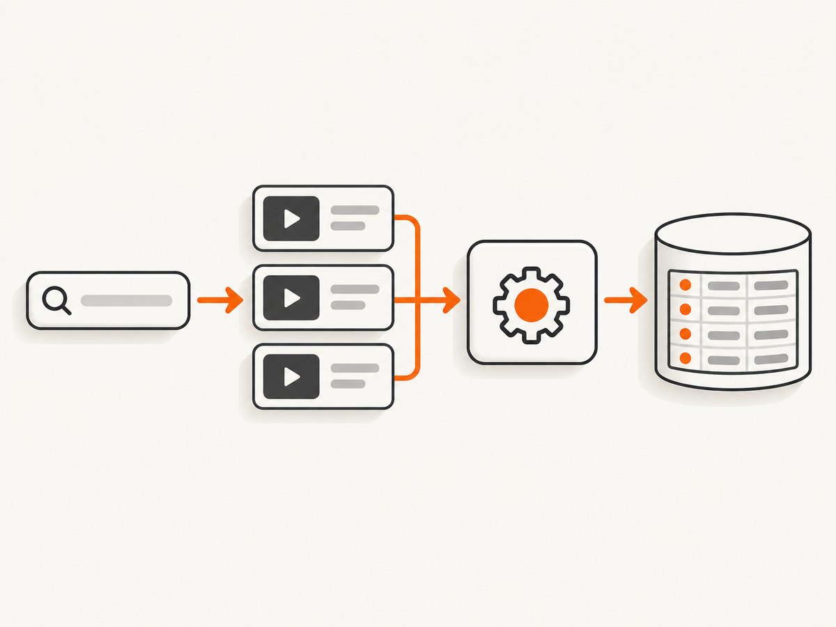 Search discovers video IDs; a separate resource lookup returns the selected metadata parts.
