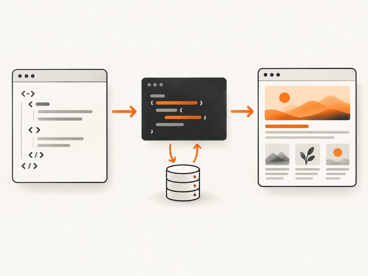 The browser executes JavaScript and fills the DOM from a follow-up data request.