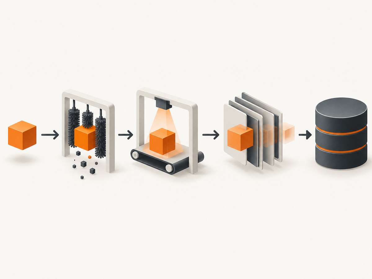 A pipeline lets each item pass through ordered cleaning, validation and persistence stages.