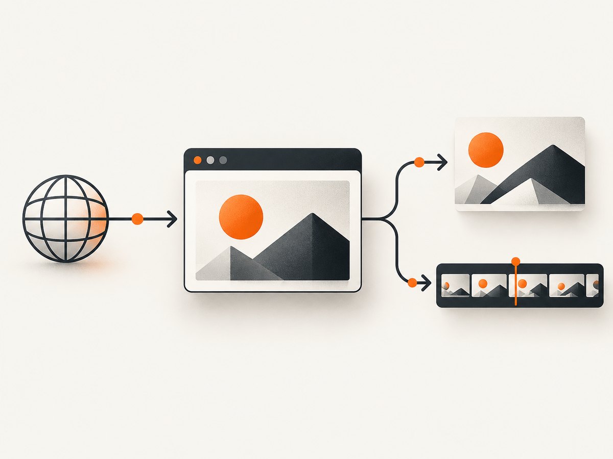 A screenshot preserves one rendered frame; a recording preserves a sequence of frames over time.