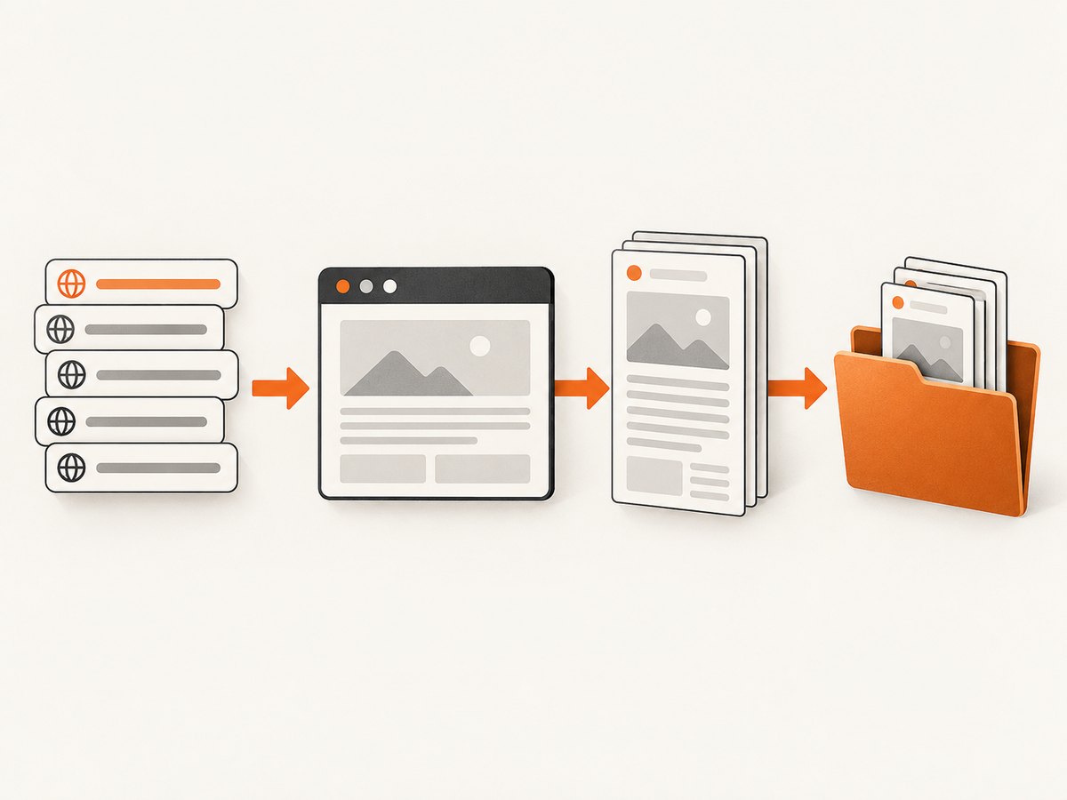 A whole-site capture combines URL discovery, browser rendering, and deterministic output files.