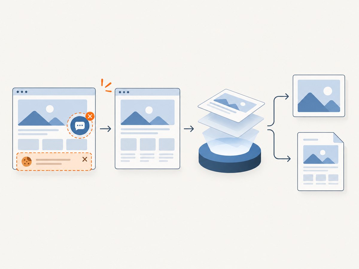 Automated web capture can clean overlays before rendering a page to an image or PDF.
