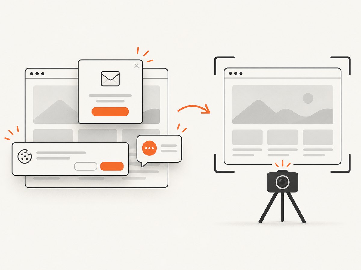 A clean capture flow can remove consent banners, popups, and chat widgets before the screenshot.