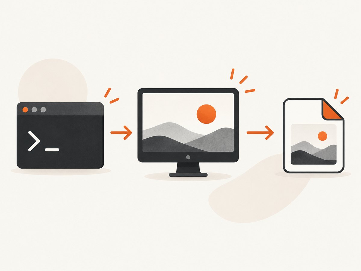 A command-line screenshot utility captures the current display and writes an image file.
