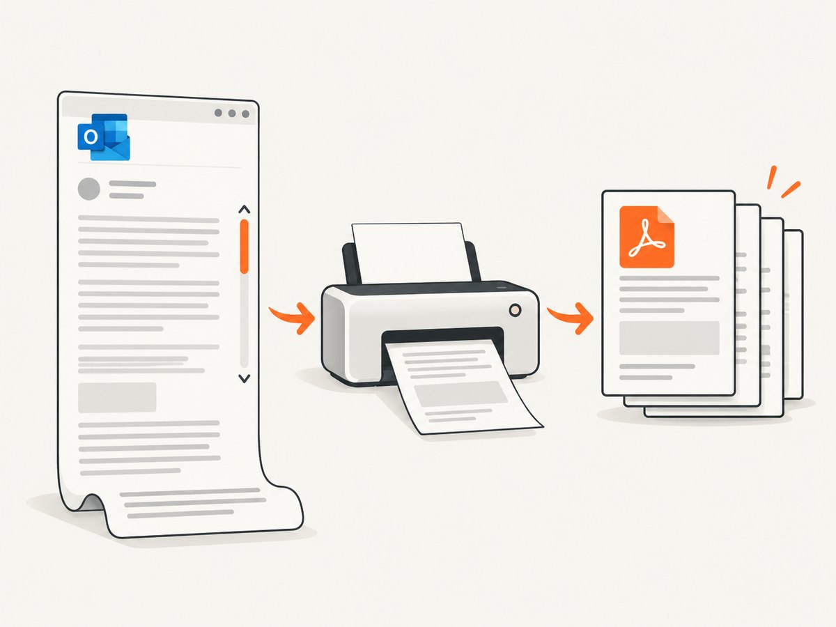 A long Outlook message is preserved as printed pages or a PDF when it exceeds the screen.