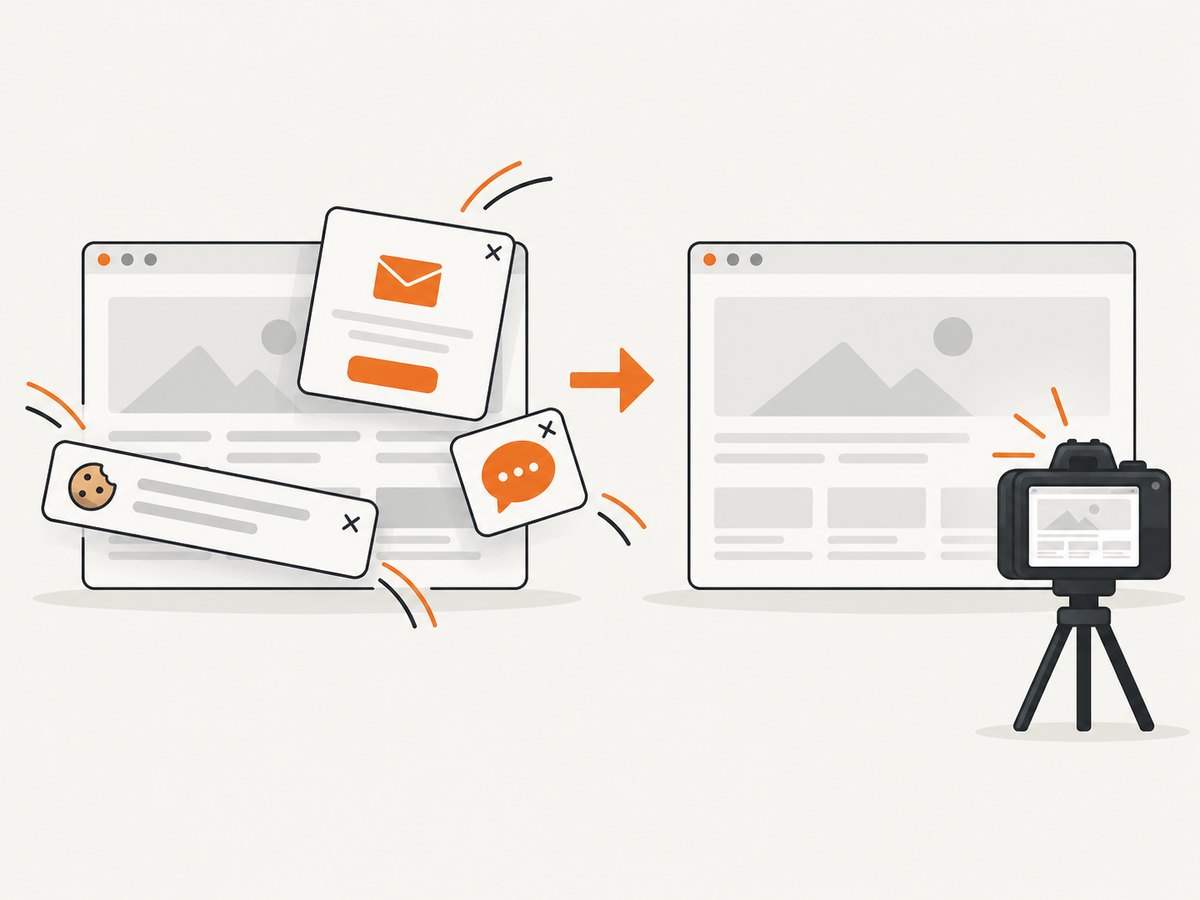 Automated capture can remove common overlays before rendering the page.