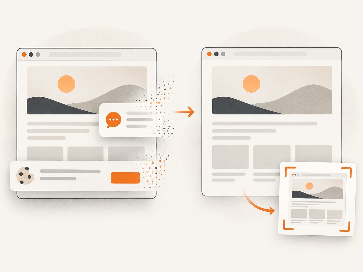 A web screenshot service can clean common overlays before capturing a public page.