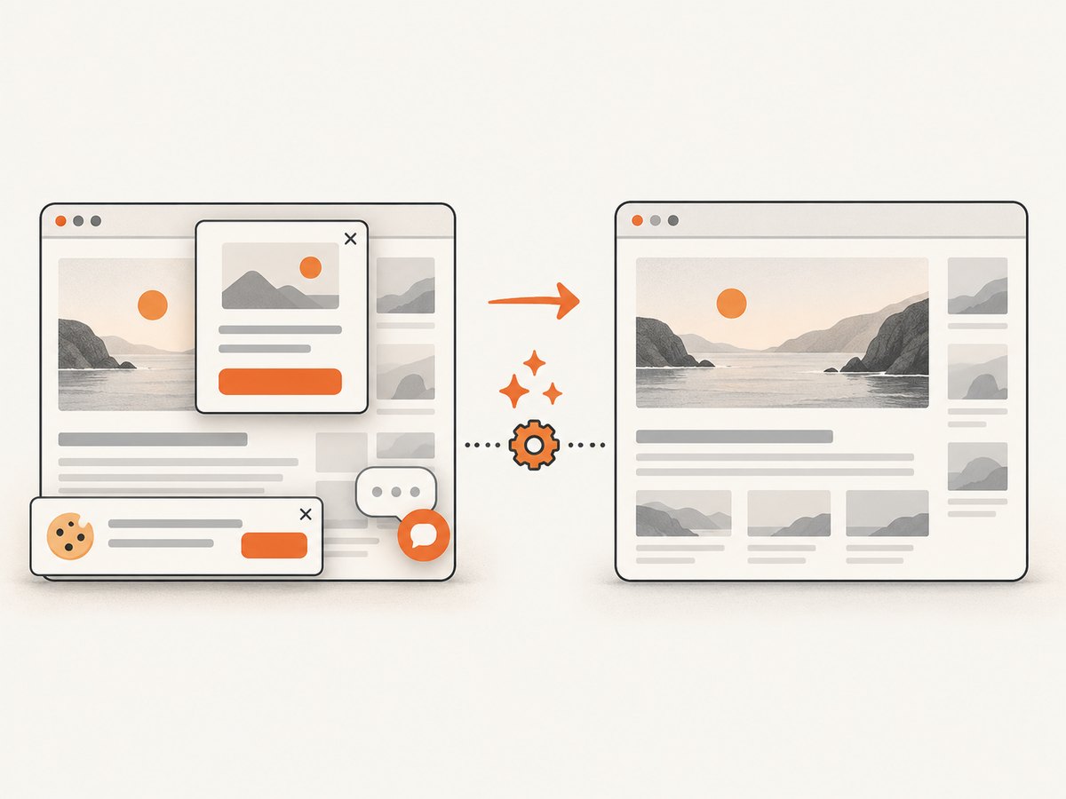 Automated page capture can remove common overlays before rendering the final image.