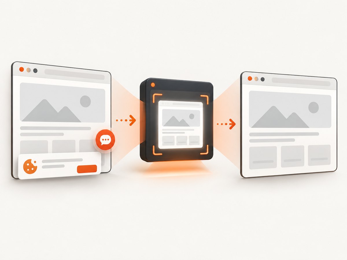 Automated capture can remove common overlays before producing a clean page image.