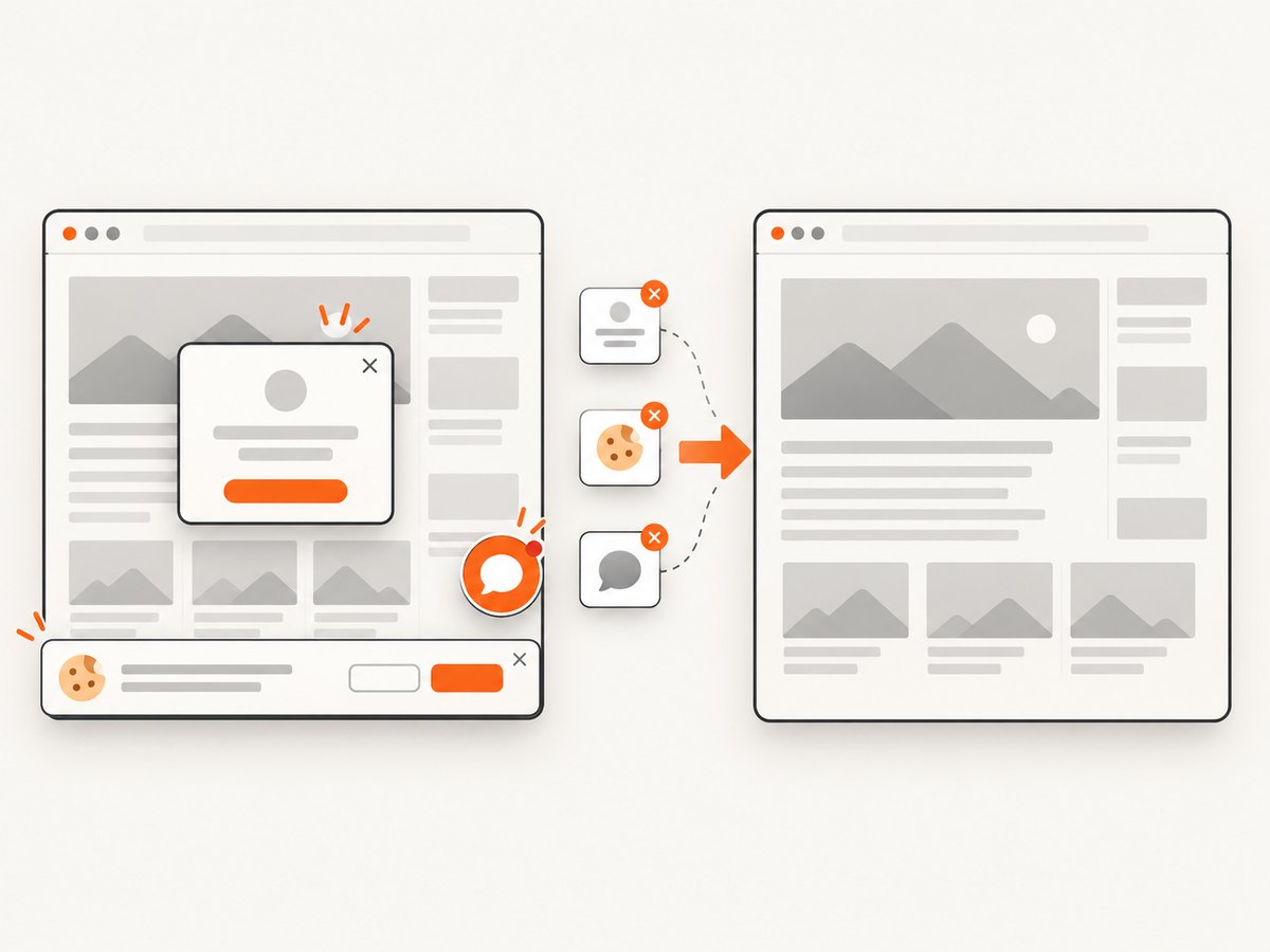 Automated capture can remove consent banners, popups, and chat widgets before rendering the final image.
