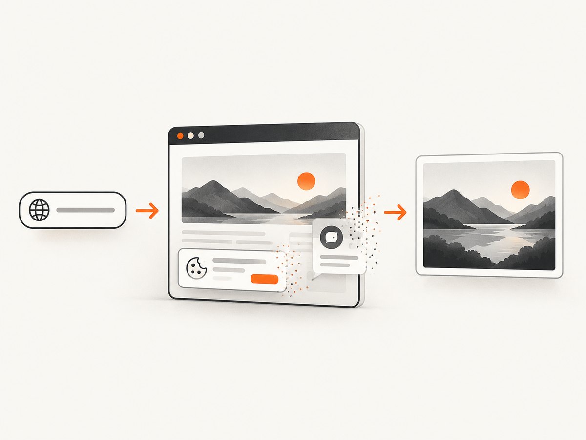 A web capture service can remove page overlays before returning the image.