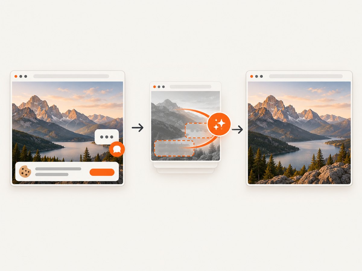 Automated capture can remove consent banners, popups, and chat widgets before returning the image.