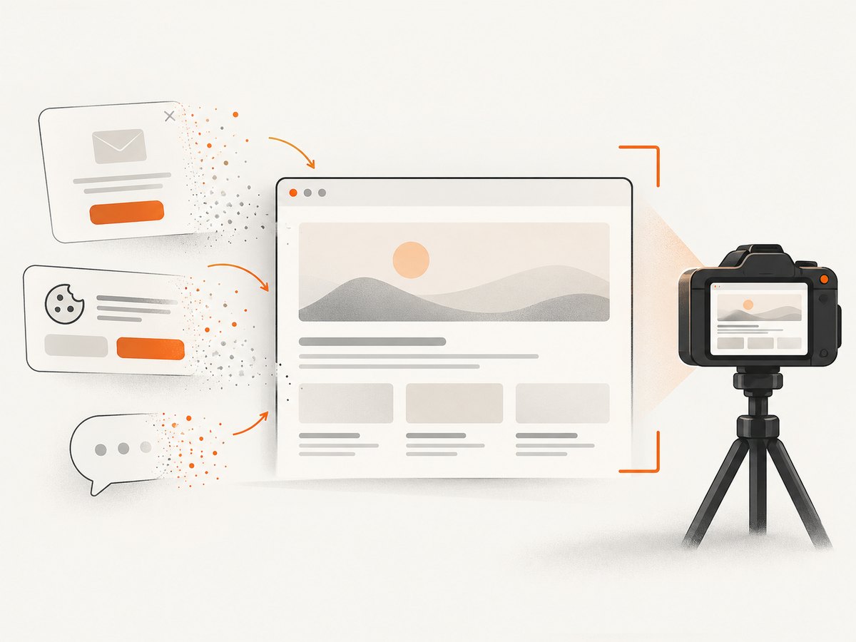 Some screenshot workflows can remove common overlays before capturing the underlying page.